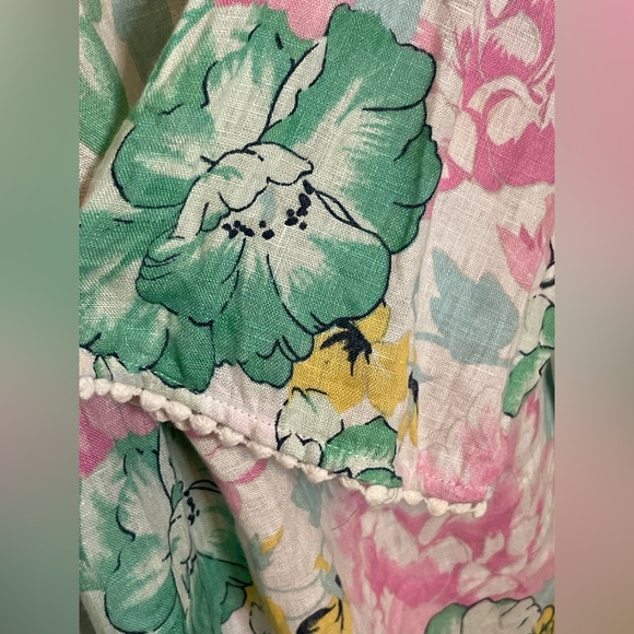 Linen Charter Club Floral Linen Peasant Blouse Bell Sleeves Tie Neck IX - Picture 7 of 8